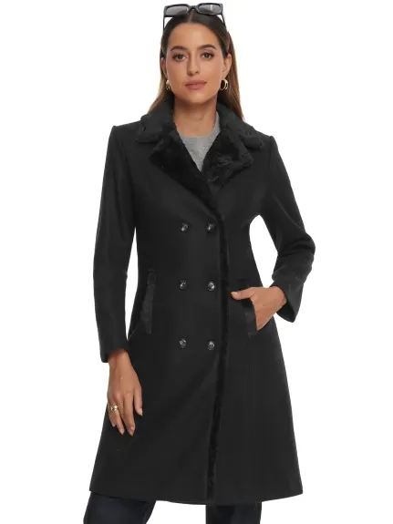 Allegra K - Faux Fur Collar Double Breasted Long Coat