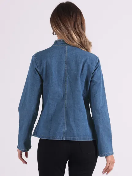 Allegra K - Distressed Stand Collar Denim Jacket