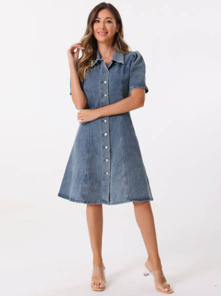 Allegra K - Puff Sleeve Button Down Collared Denim Dress