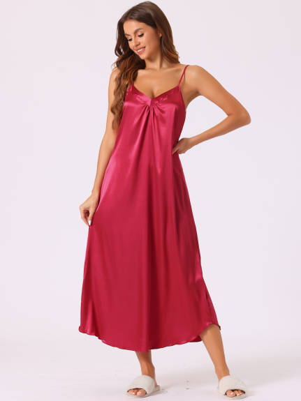 Cheibear - Satin V-Neck Sleeveless Long Nightgown