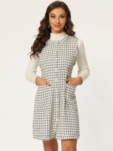 Allegra K - Button Down Pinafore Tweed Dress with Belt