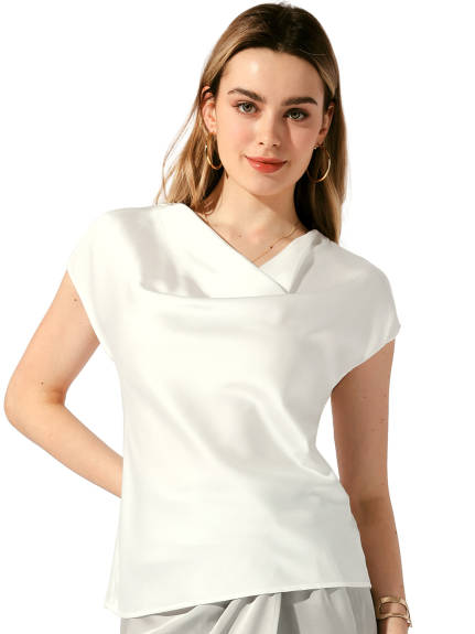 Allegra K - Cowl Neck Short Sleeve Satin Top