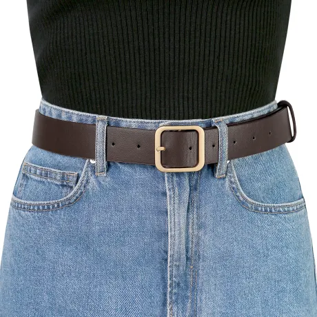 Allegra K- Square Pin Gold Buckle Wide Leather Waist Belt