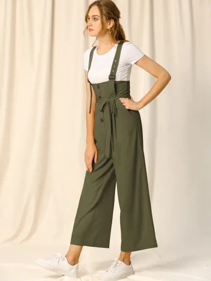 Allegra K- Wide Leg Belted Button Jumpsuit Overall