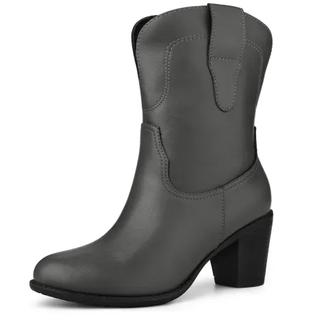 Allegra K - Mid Calf Round Toe Slip-on Cowboy Boots