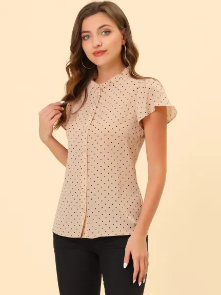 Allegra K- Ruffle Dots Retro Short Sleeve Button Down Blouse