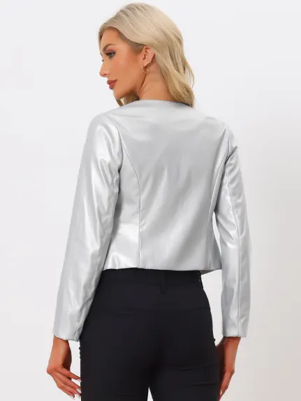 Allegra K - Faux Leather Open Front Crop Jackets