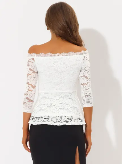 Allegra K- Floral Lace Off the Shoulder 3/4 Sleeve Peplum Top