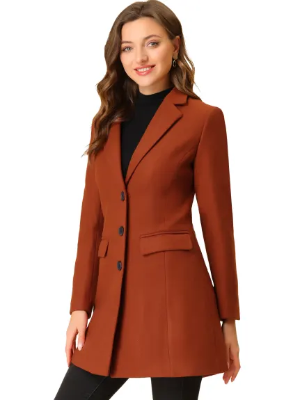 Allegra K- Notched Lapel Single Breasted Long Coat