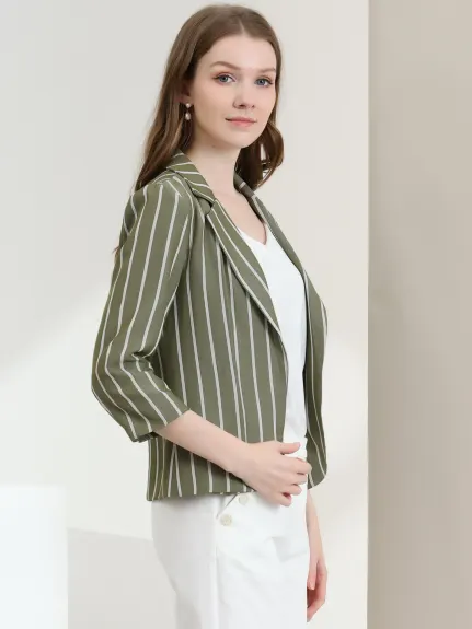 Allegra K- Casual Striped 3/4 Sleeves Open Front Notched Lapel Blazer