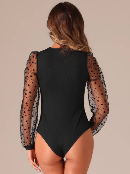 Allegra K - Long Sleeve Mesh Panel Bodysuit