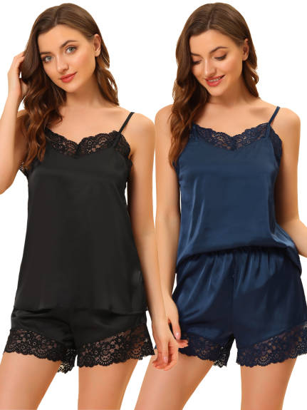 Allegra K - Satin Lace Cami Lounge Sets 2-Pack, Black