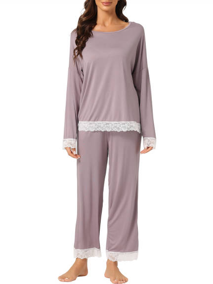 cheibear - Lace Trim Shirt and Pants Sleepwear 2pcs