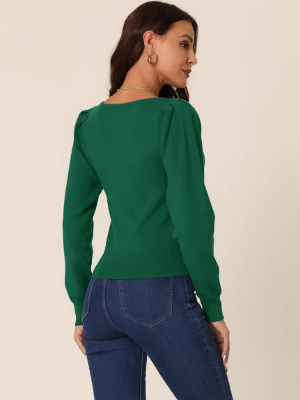 Allegra K - Solid Square Neck Ribbed Knit Sweater