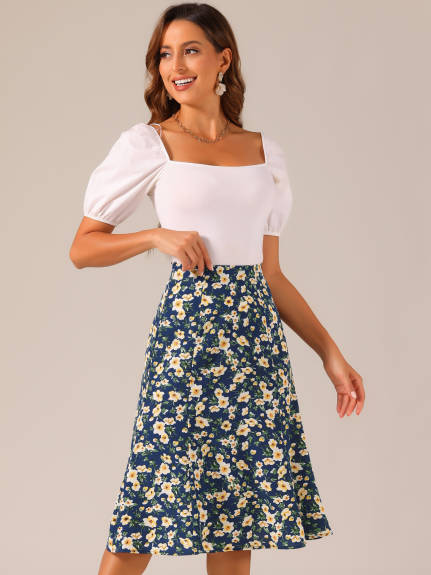 Allegra K- Elastic Waist A-Line Midi Leave Print Skirt