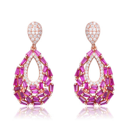 Genevive Sterling Silver with Rose Gold Plated Red Color Baguette and Round Cubic Zirconia Pear Shape Drop Earrings