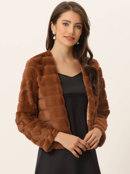 Allegra K- Cropped Collarless Faux Fur Fluffy Coat Jacket