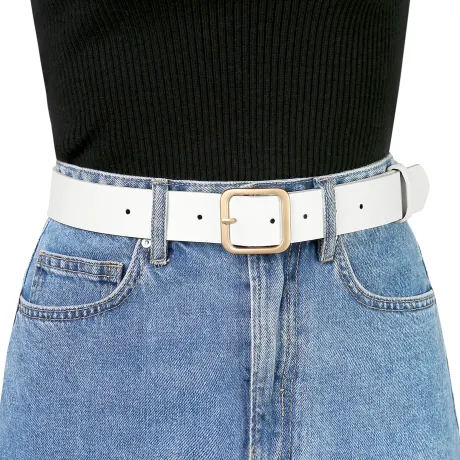 Allegra K- Square Pin Gold Buckle Wide Leather Waist Belt