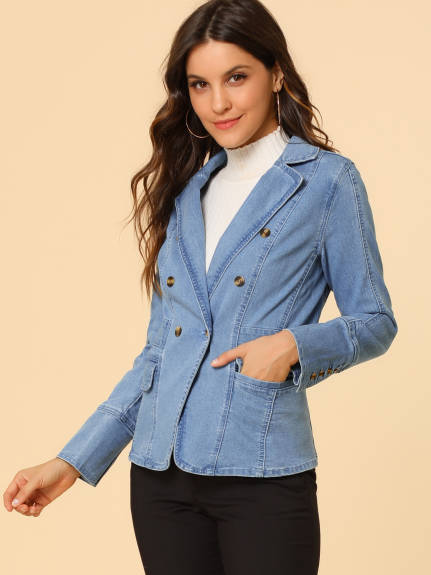 Allegra K- Notched Lapel Button Denim Jacket with Pockets