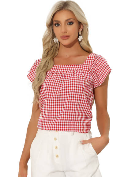 Allegra K- Square Neck Gingham Cap Sleeve Blouse