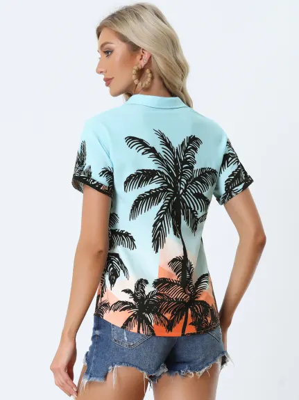 Allegra K- Beach Tropical Printed Button Down Shirt