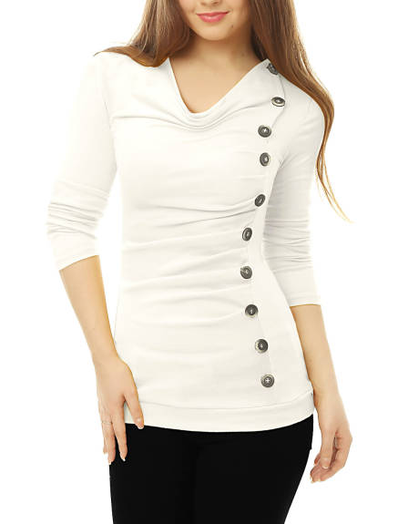 Allegra K- Cowl Neck Buttons Decor Ruched Blouse