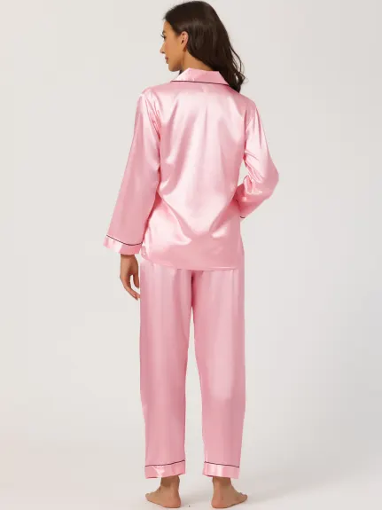 Allegra K - Satin Button Down Lounge Pajama Sets