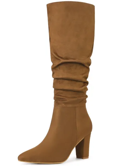 Allegra K - Slouchy Pointed Toe Heeled Knee High Boots