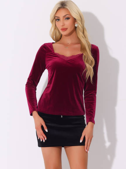 Allegra K - Velvet Contrast Lace V Neck Fall Top