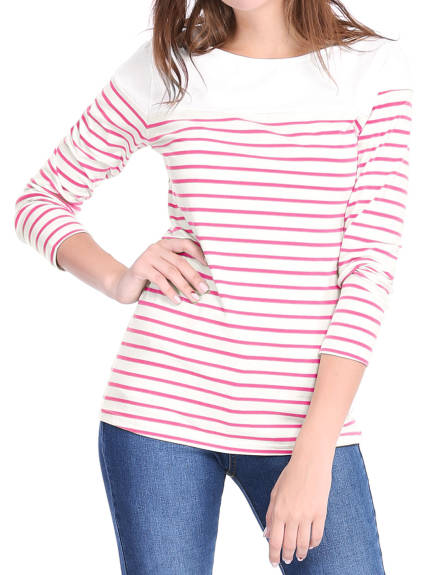 Allegra K- Color Block Long Sleeve Stripe T-Shirt