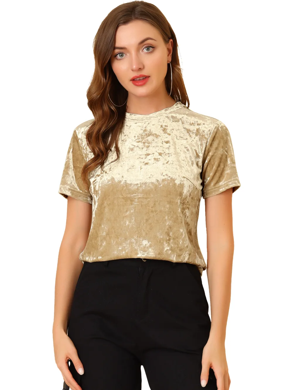 Allegra K- Velvet Top Crew Neck Short Sleeve T-Shirt