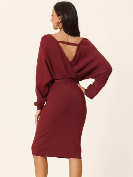 Allegra K - Deep Wrap V Neck Belted Sweater Dress