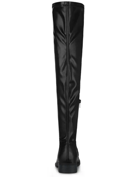 Allegra K- Low Block Heel Solid Thigh High Boots