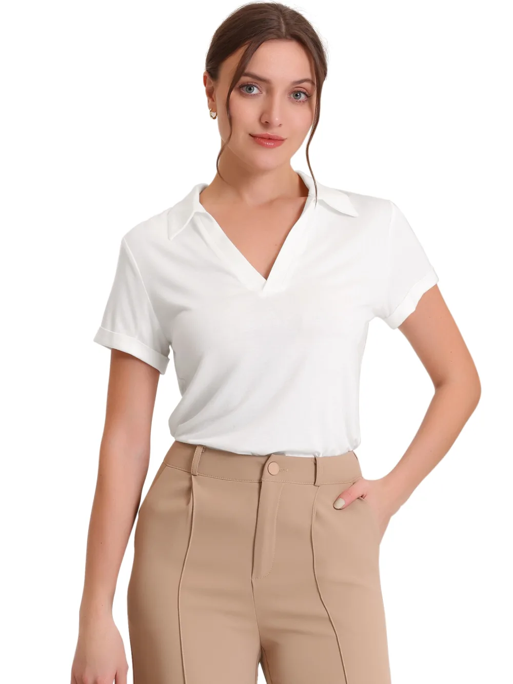 Allegra K- V Neck Polo Collared Blouse