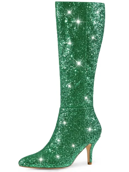 Allegra K - Glitter Stiletto Heel Knee High Boots