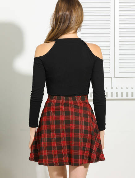 Allegra K- Plaid Zip-Up A-Line Flare Mini Skirt