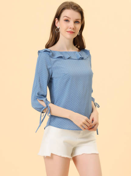 Allegra K- Ruffled Neck Half Sleeve Sheer Polka Dots Blouse