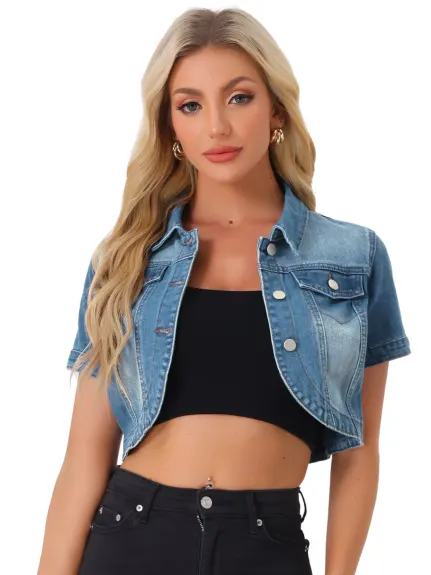 Allegra K- Short Sleeves Crop Denim Jean Jacket