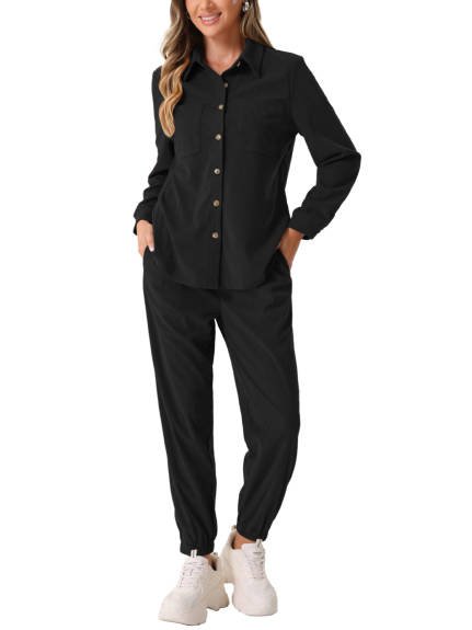 Allegra K - Corduroy Long Sleeve Shirt and Pants 2 Piece Outfits