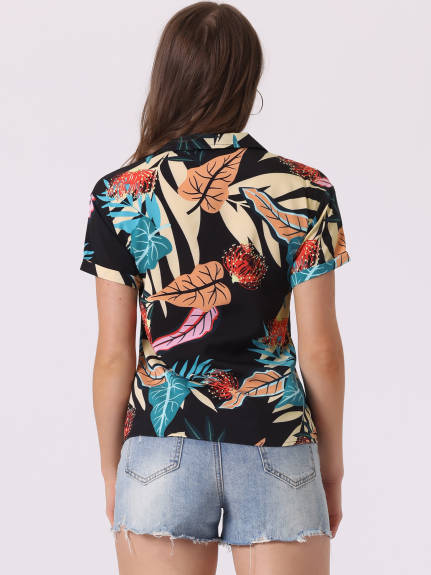 Allegra K- Beach Tropical Printed Button Down Shirt