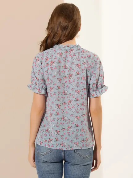 Allegra K- Floral Short Sleeve Ruffle Neck Blouse