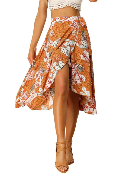 Allegra K- Floral Boho Wrap Midi Skirt