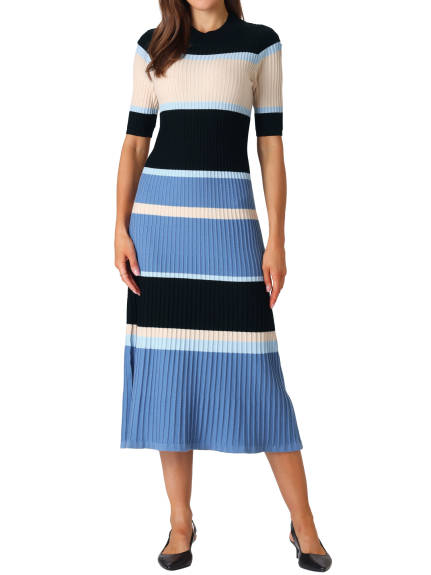 Hobemty- Short Sleeve Striped Knit A-Line Midi Dress