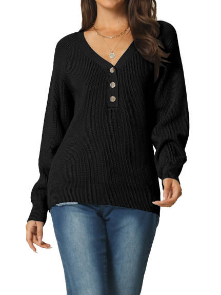 Allegra K- V Neck Button Down Ribbed Knit Pullover Top