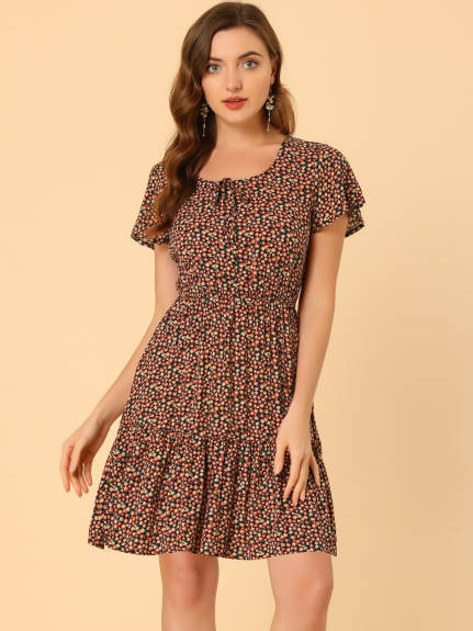 Allegra K- Floral Flutter Sleeve Ruffle Dress