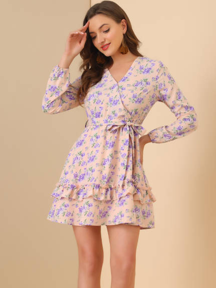 Allegra K- Tiered Ruffled Tie Waist Floral Dress