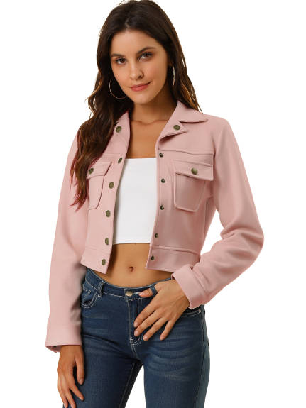 Allegra K- Faux Suede Notched Collar Button Up Cropped Jacket