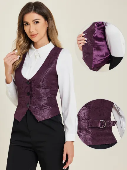 Allegra K- Vintage Waistcoat Button Up Jacquard Suit Vest