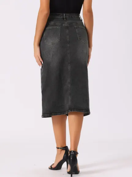 Allegra K- High Waist Slit Front Midi Denim Skirt