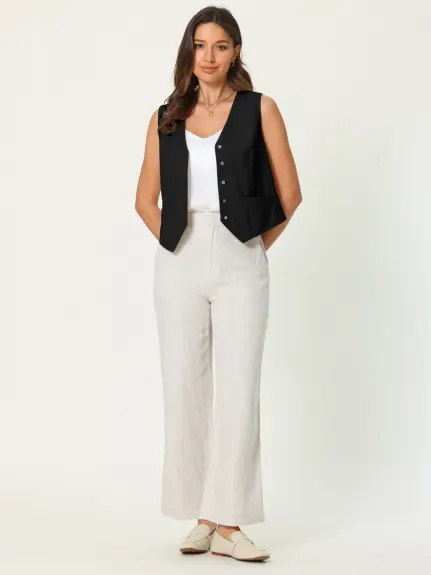 Hobemty- Linen Vest Sleeveless Button Down Waistcoat